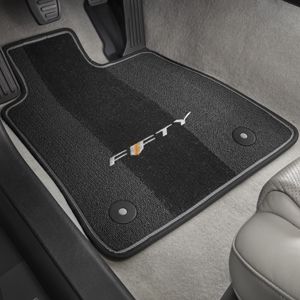 GM Front and Rear Carpeted Floor Mats in Gray with 50th Anniversary Logo and Gray Stitching 23378910