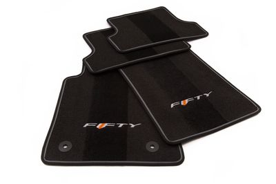 GM Front and Rear Carpeted Floor Mats in Gray with 50th Anniversary Logo and Gray Stitching 23378910